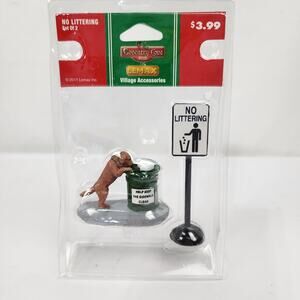Lemax No Littering Sign Dog Peering in Trash Christmas Village 2pc Figurines NIB